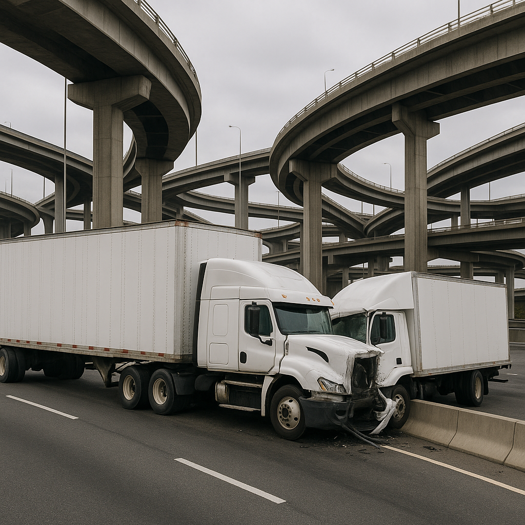 Spaghetti Bowl interchange crash patterns trucks illustration for Spaghetti Bowl interchange crash patterns involving trucks
